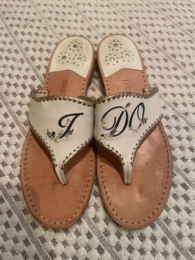 Jack Rogers I Do White/Ivory Bridal Wedding Leather Embroidered Thong Sandals